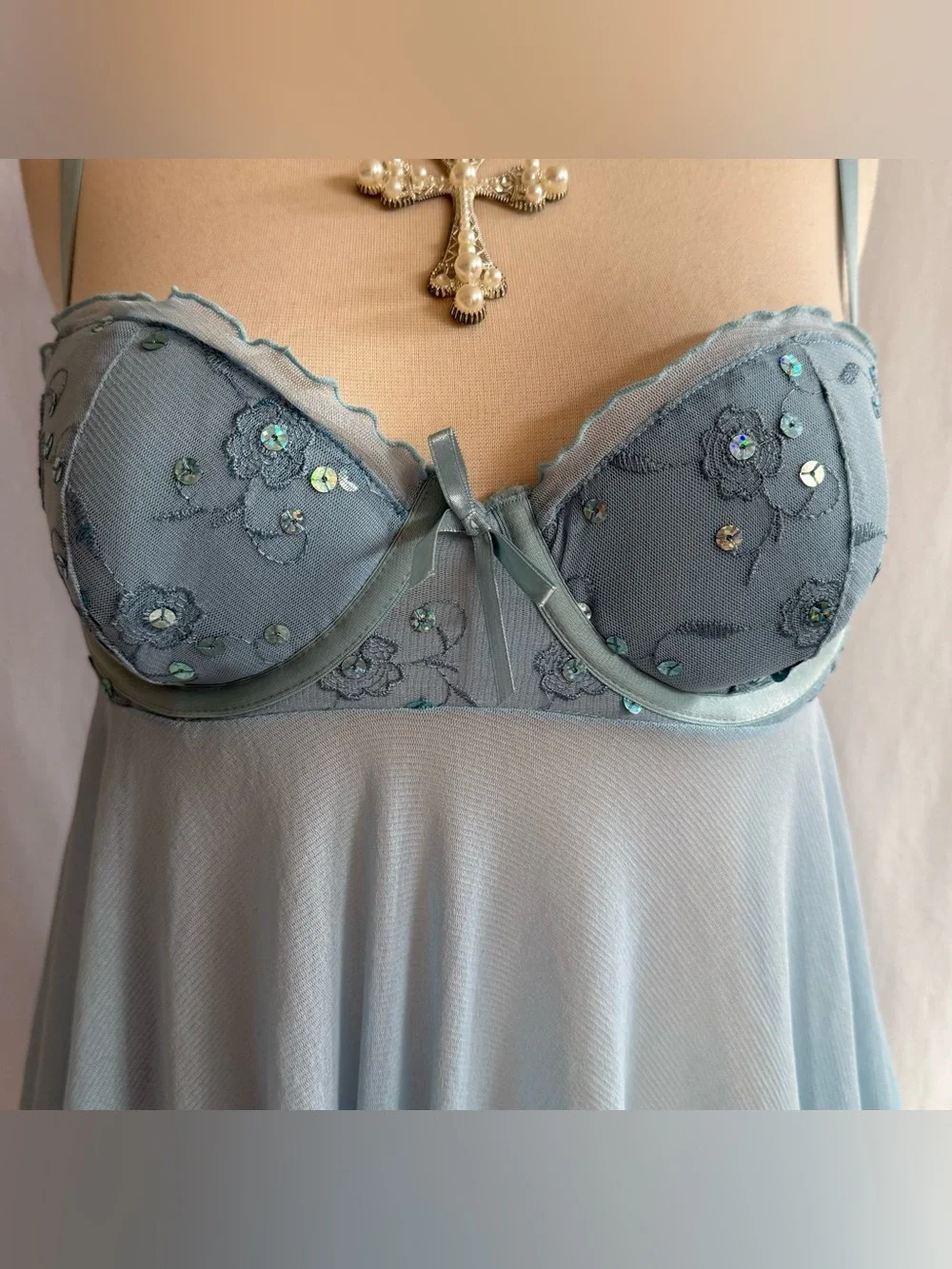 Light Blue Sheer Embroidered Babydoll Chemise